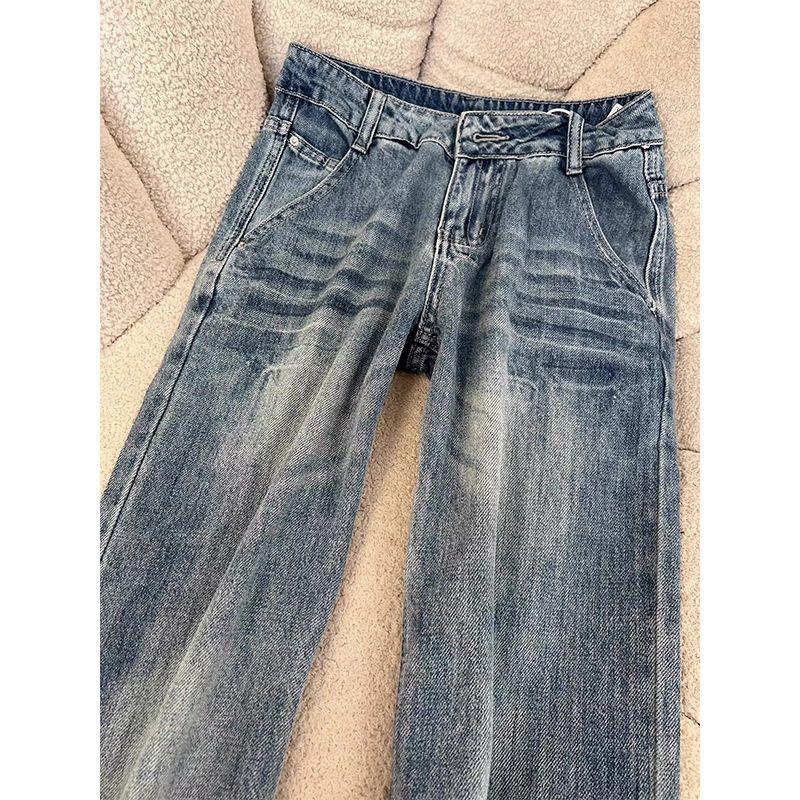 American Retro Blue Washed Distressed Slightly Flared Jeans Women's Summer New Arrival Mid-Low Waist Slim Looking Drooping Wide-Leg Pants