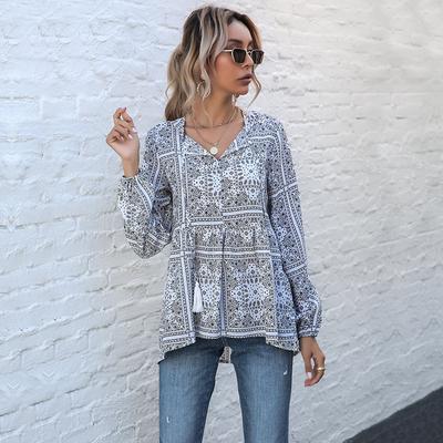 Women's Vintage Casual Bohemia Print Long Sleeve V-Neck Blouses & Shirts