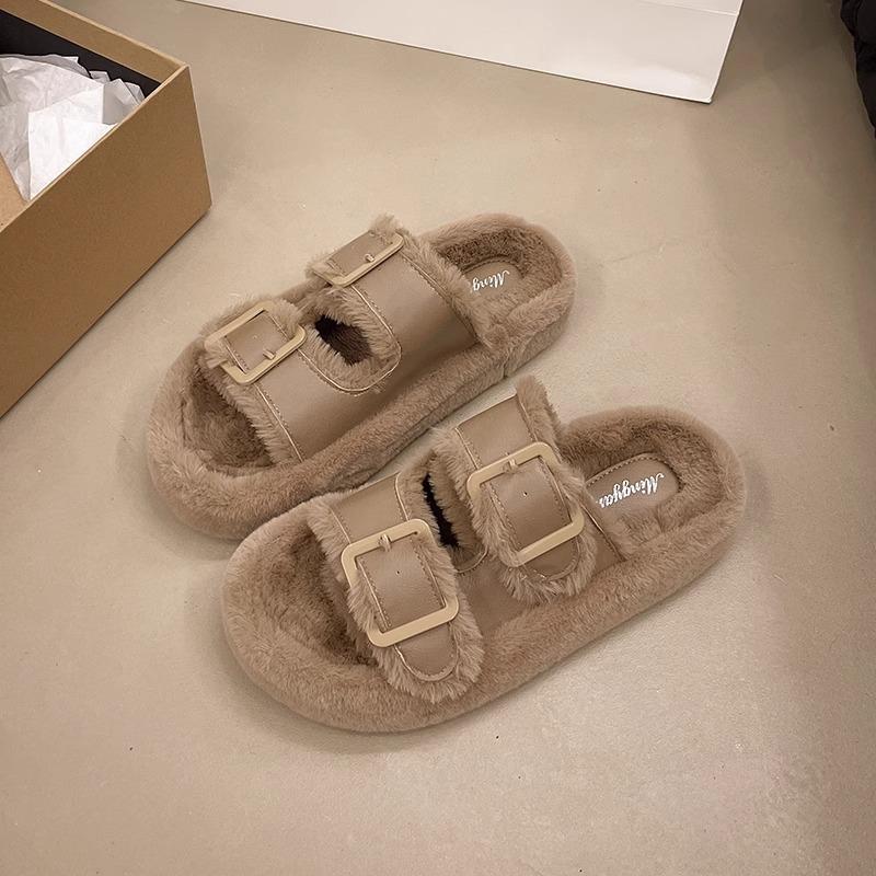 Mao Mao Slippers Women's Autumn and Winter Outer Wear 2025 New Internet Celebrity Going Out Plush Mao Shoes Thick Sole Heightening Cotton Mop Home