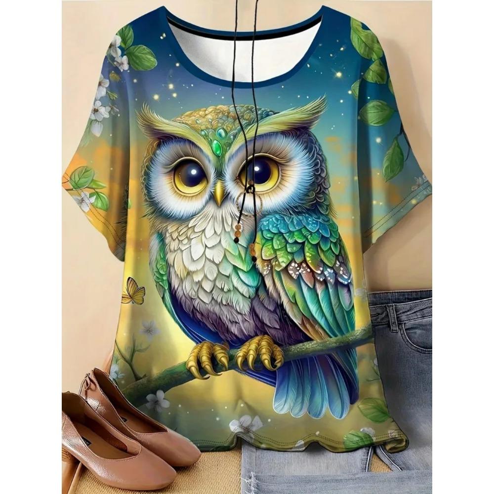 Ladies Fashionable Comfortable Printed Animal T-shirt Interesting Animal Owl Bird Patterns Loose Breathable Large Size Short Sleeved T-shirt
