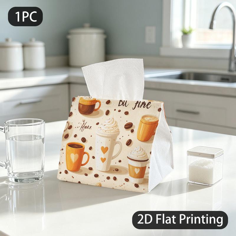 1pc Tissue Box, Cartoon Style Coffee Hearts Warm Cozy Pattern, 2D Flat Printing, Made from Tough Polyester, Easy to Carry, Napkin Box, for The Dining