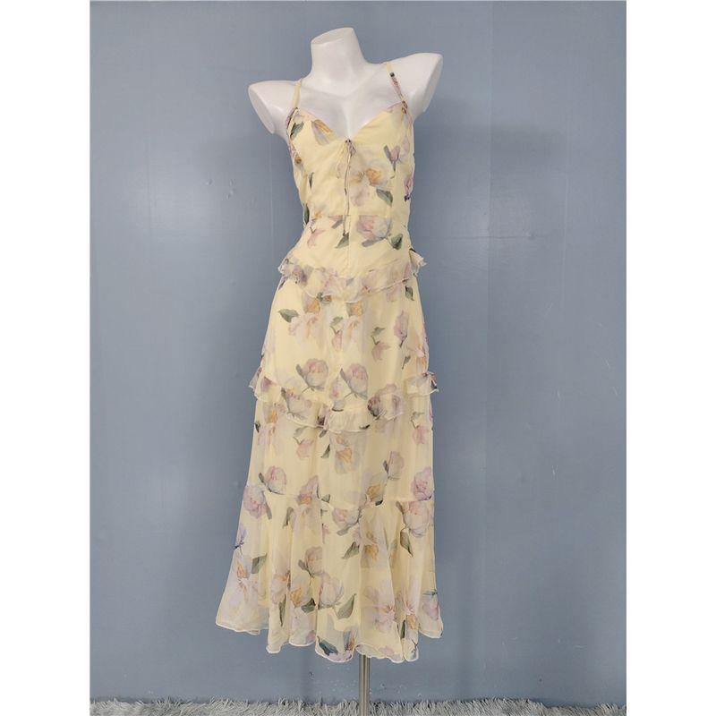 Foreign Trade Order Lu's Sling Slimming Exquisite Print Backless Slimming Flower Pastoral Lady Temperament Fashion Dress