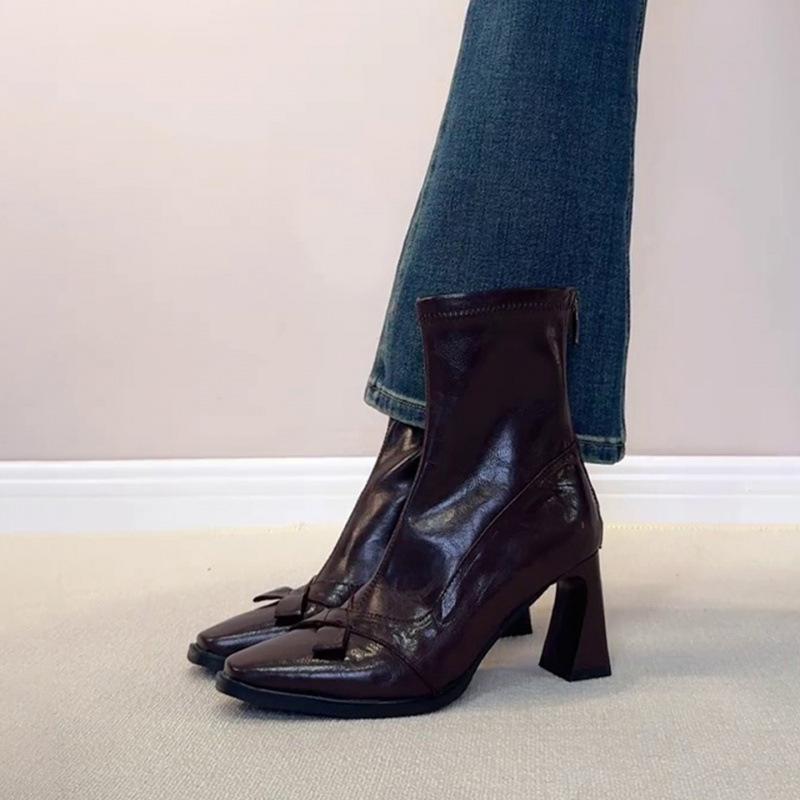 Sheepskin version~ retro bow high-heeled boots small square head temperament thick heel short boots rear zipper elastic thin boots women