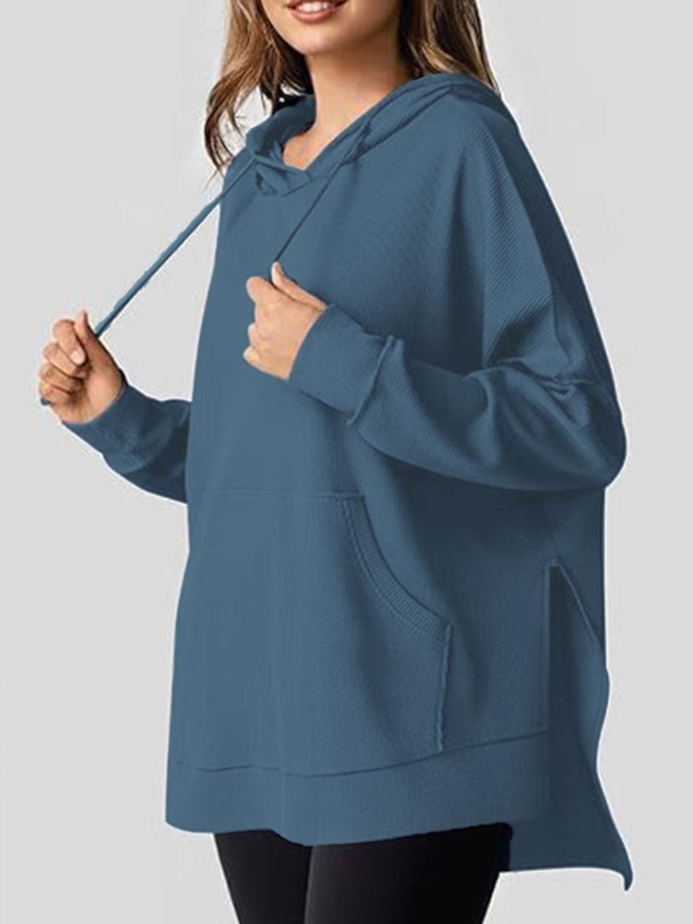 Women s Hooded Waffle Knit Pullover Sweatshirt with Pocket, Autumn 2025 Collection XXL синий