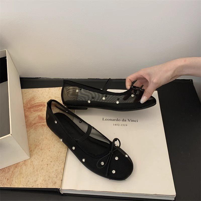 Bow fashionable soft-soled shoes temperament mesh round head shallow mouth single shoes  lightweight Breathable flat shoes