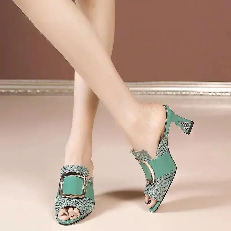 Womens Open-toe Sandals Women Elegant Woman High Heel Shoes Spring Summer Fashion Comfort Thick Middle Heels Slippers Women