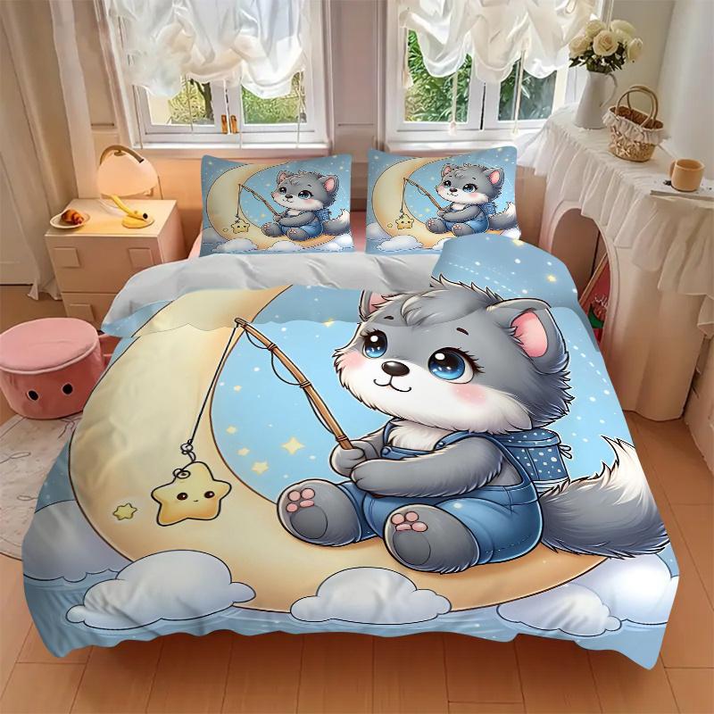 3pcs Little Wolf Fishing for Stars Printed Quilt Set - Includes 1 Quilt Cover and 2 Pillowcases, Machine Washable - Suitable for All Seasons.M071