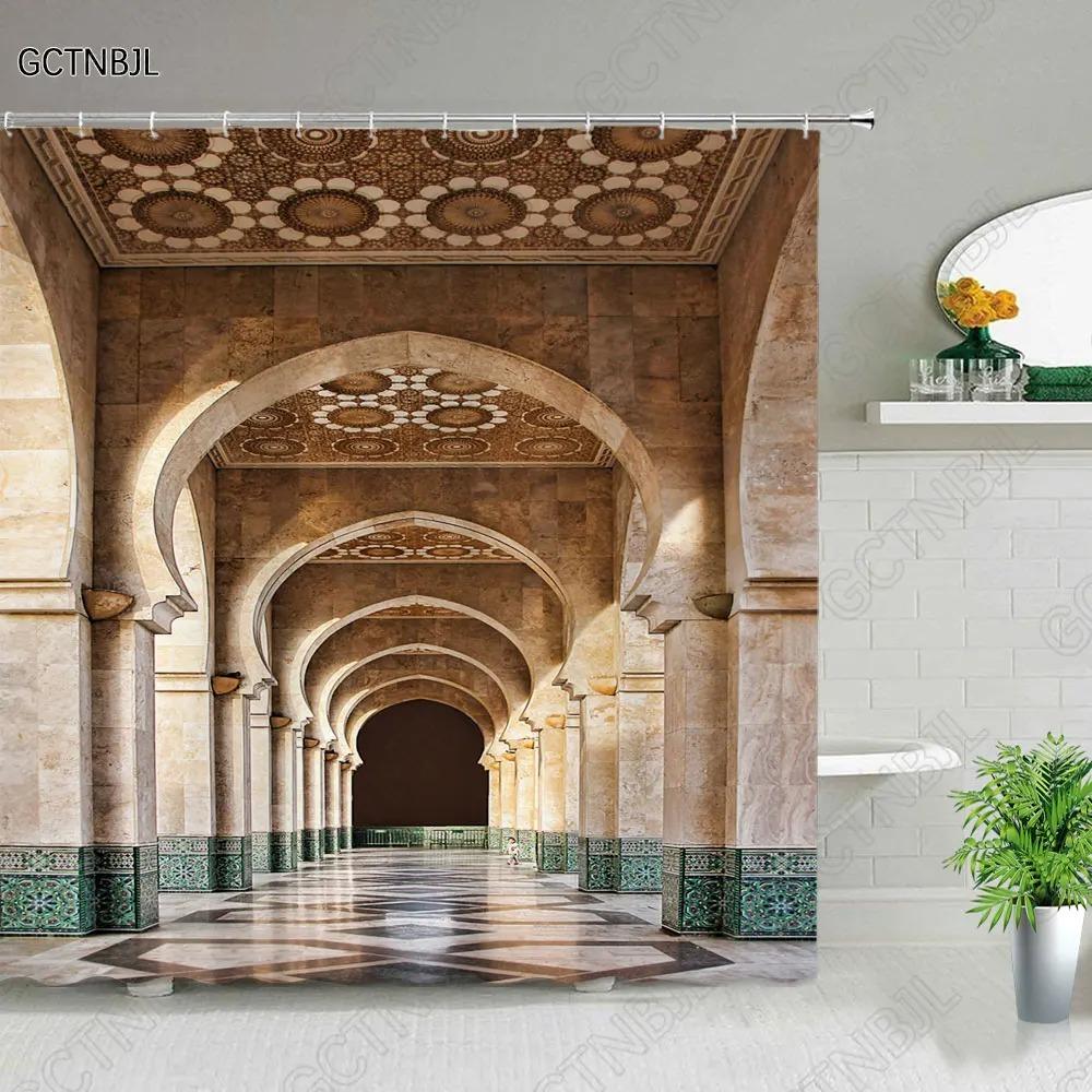 Moroccan Yellow Antique Arched Doors Shower Curtains Old Vintage Wooden Door Bathroom Waterproof Fabric Bath Curtains With Hooks