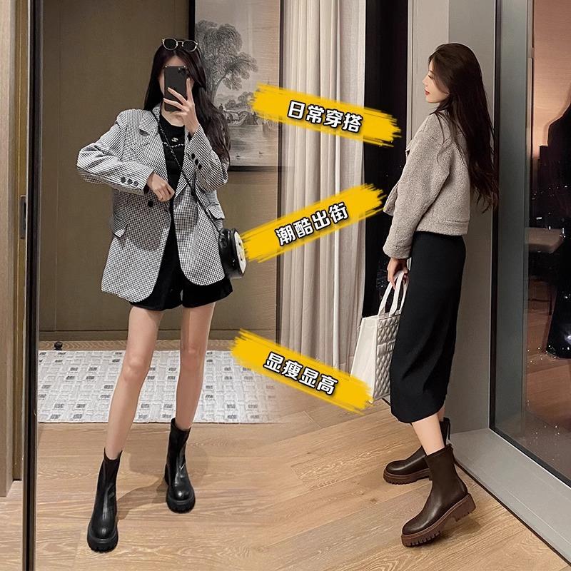 British Martin boots women's short boots thick-soled heightened thin boots rear zipper advanced sense medium heel thick heel single boots children