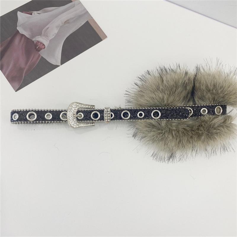 

Punk Pu Studded Fur Belt Y2K Vintage Faux Fur Waistband Metal Plush Furry Waistband Jeans Waist Belts Accessories A3