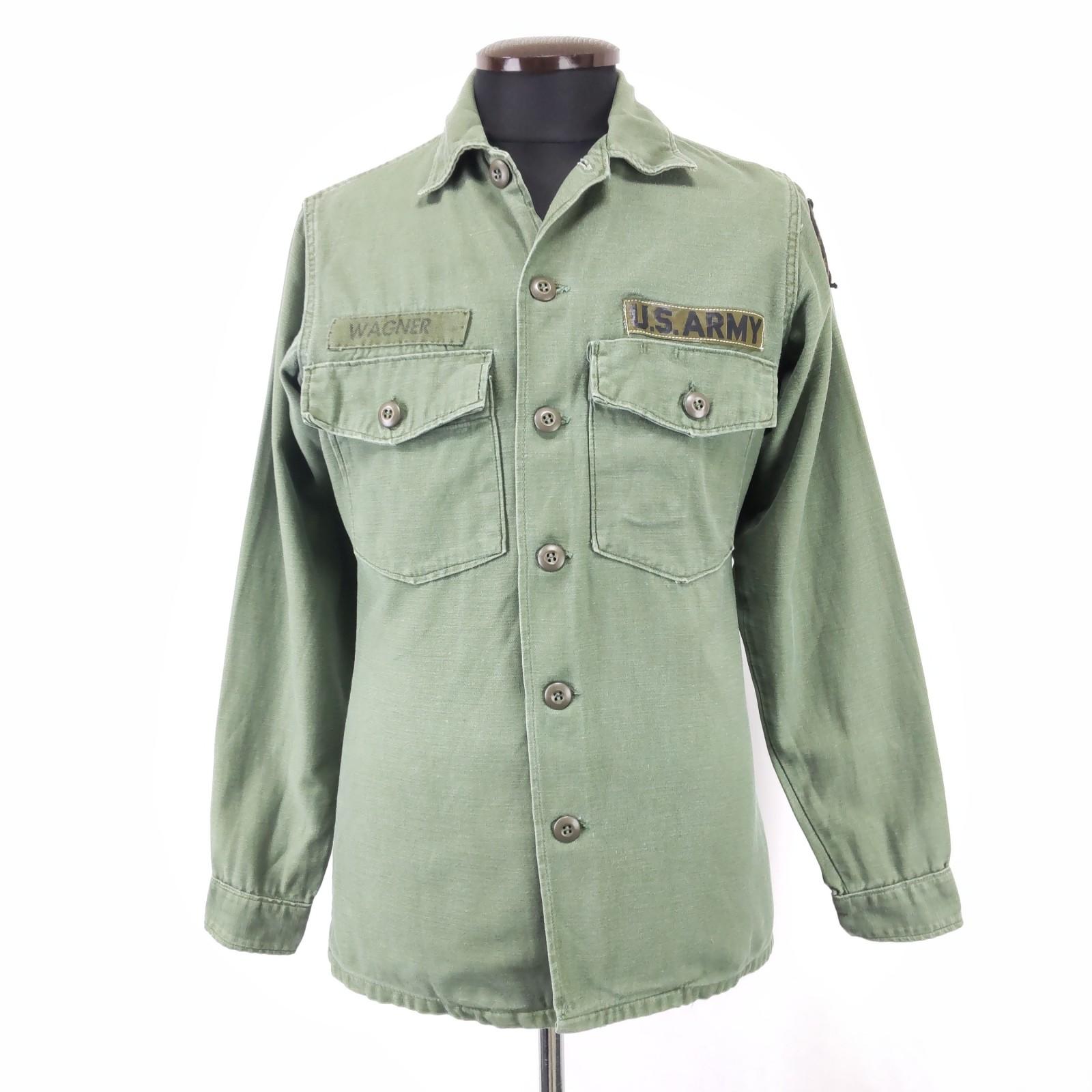 

60s Vintage J.H. Rutter-Rex Mfg U.S. Army OG-107 military cotton sateen shirt 14 1/2×33 Men S-M approx