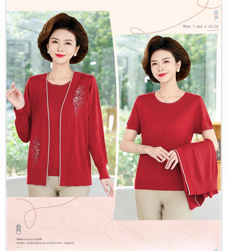 Spring New Arrivals: Women's Knit Two-Piece Set - Short-Sleeved Top and Stylish Cardigan for Middle-Aged and Elderly