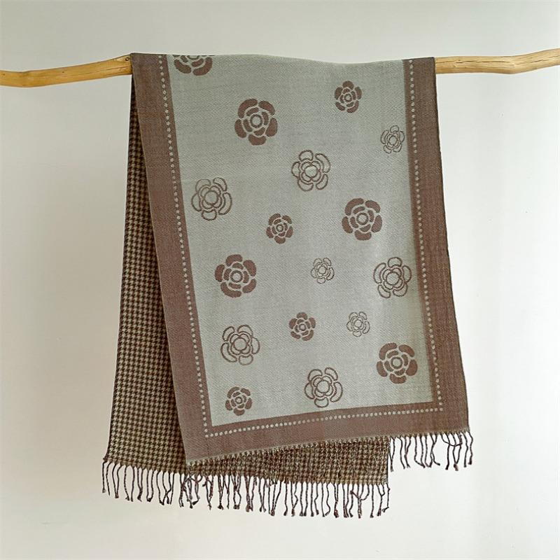 Scarf women's autumn and winter new core-spun yarn camellia thousand bird grid double-sided warm shawl versatile decorative cashmere scarf