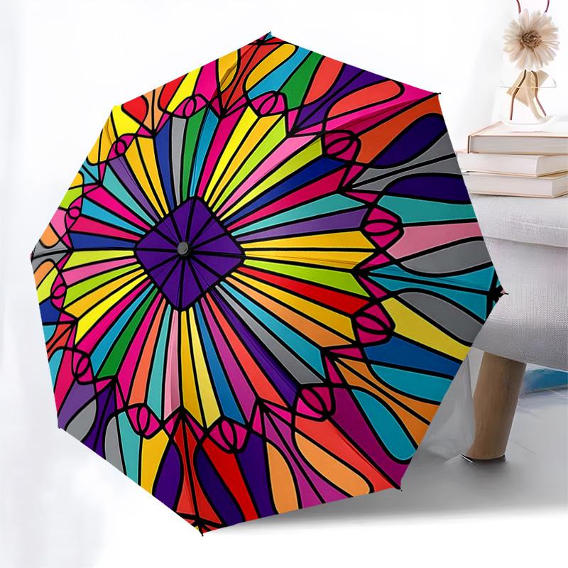 

1pc Colorful Mandala Automatic Folding Umbrella - Portable 3-Fold Design, 8-Rib Iron Frame Outdoor Umbrella, Perfect Festival Gift for Fans, Travelers