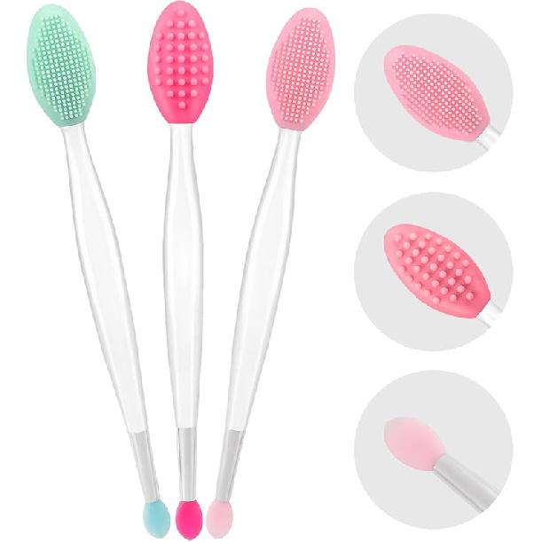Lip Scrub Brush, Dual-ended Lip Scrubber Exfoliator and Silicone Lip Brush Exfoliator Tool Lightening for Dark Lips Nose Scrubber Lip Mask Applicator 3 Colors