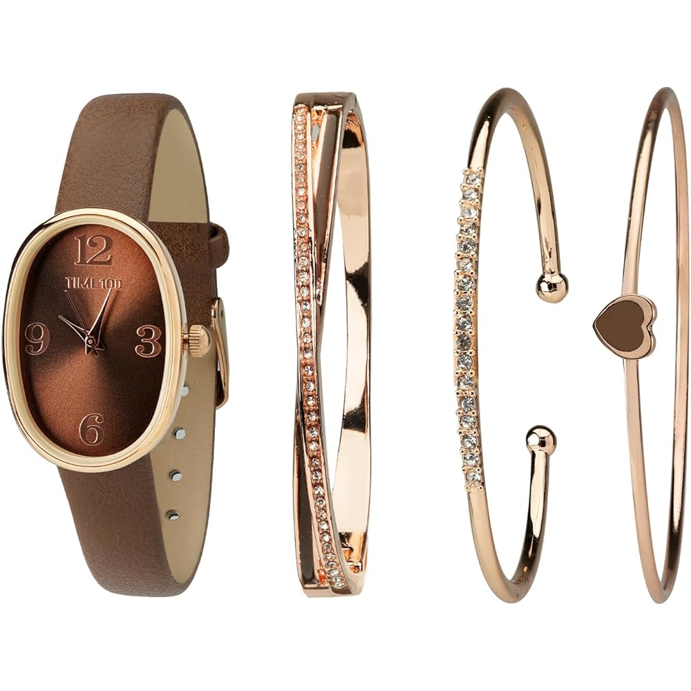 TIME100 Women s Stylish Watch and 3-Piece Bracelet Set Coffee Color Waterproof Feminine Daily Gift