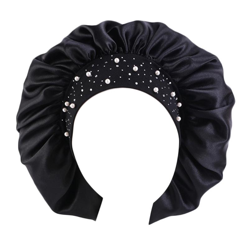 

Sleep Cap Large Satin Bonnet Night for Head Cover Rhinestones Wide Elastic Band Sleeping Adjustable Hair Turbans for 1 чёрный