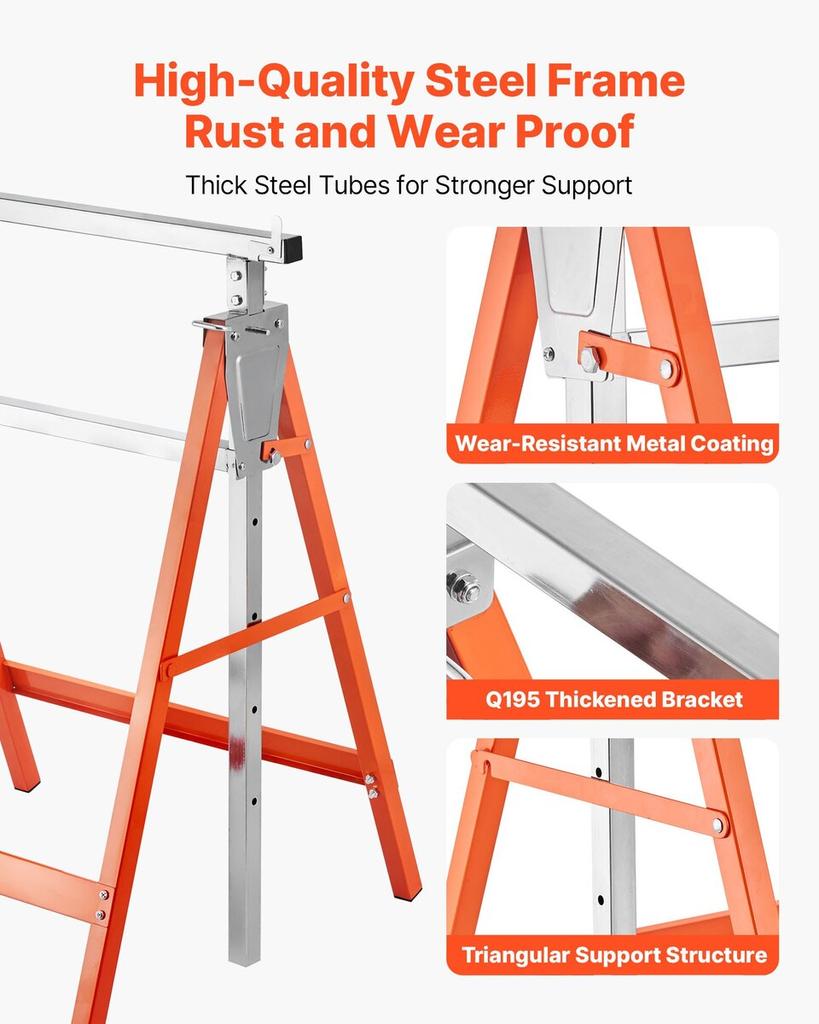 Saw Horses, 2 Pack Folding Work Horses, 199.6 kg Load Capacity Sawhorse with Heavy Duty Legs, Adjustable Height Saw Horse with Non-Slip Foot Pads, for