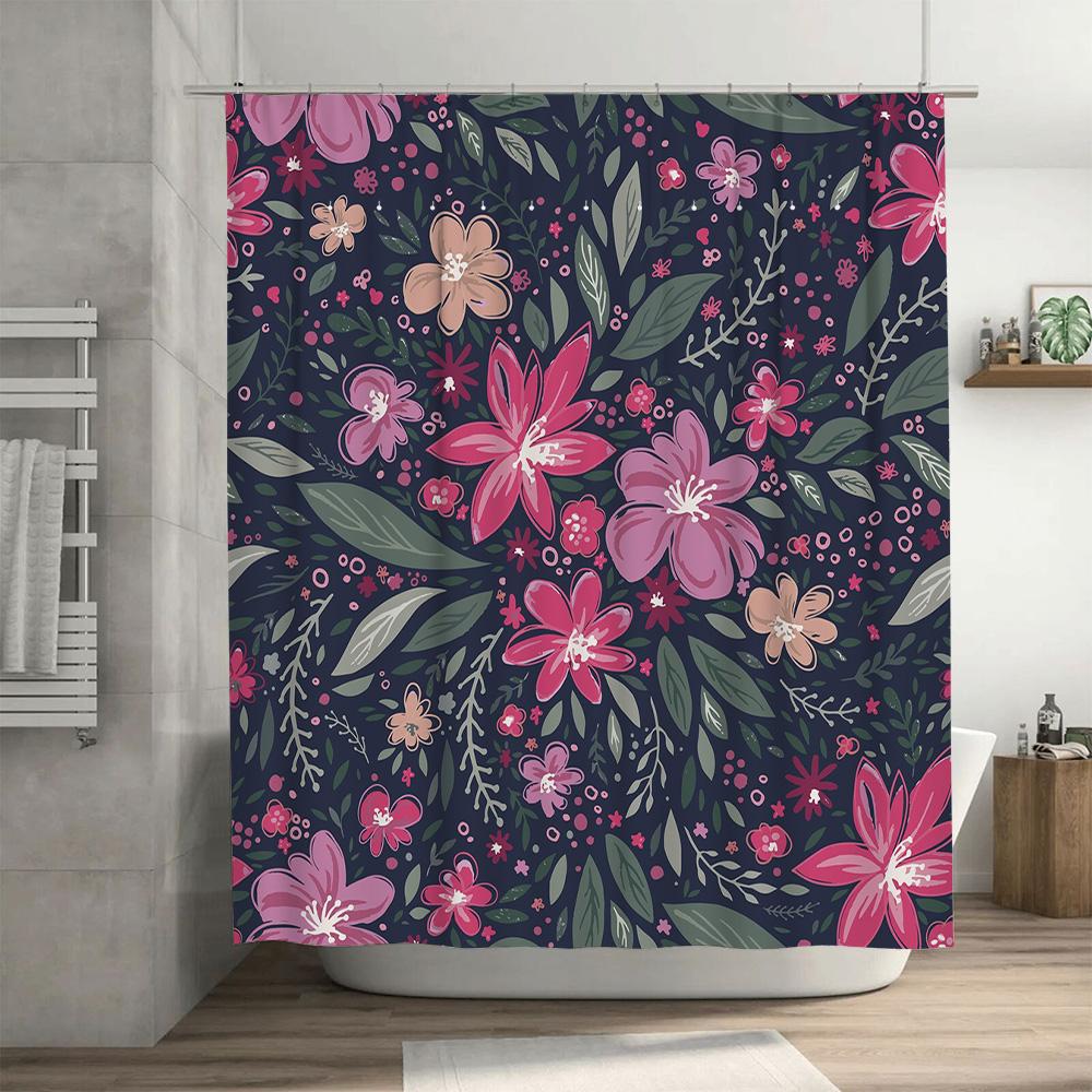 Pink Floral Shower Curtain Decorative Bathroom Waterproof Privacy Screen Window Treatment With Hooks For Home Decoration Dark Na