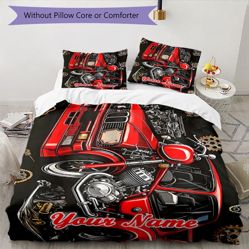 3PC Custom Name Retro Car Motorcycle Art Bedding Set Printed Bedding Set Duvet Cover Closure Includes 1 Duvet Cover & 2 Pillowcases for All Seasons Be