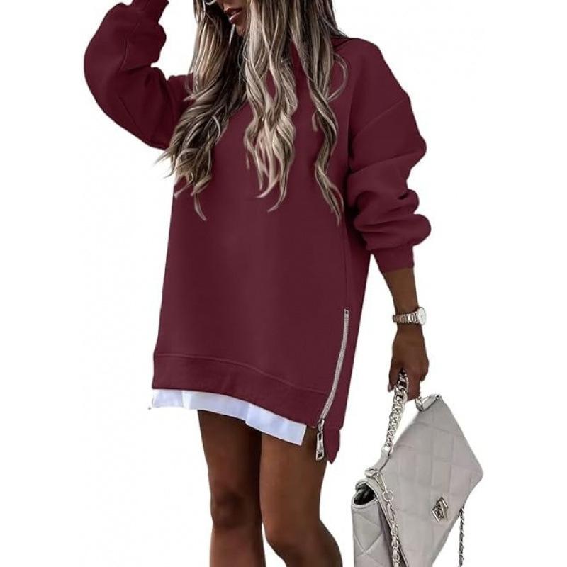 Autumn And Winter Fashion Splicing Side Zipper Design Hoodie Women's Round Neck Long Sleeved Mid Length Irregular Hoodie Skirt