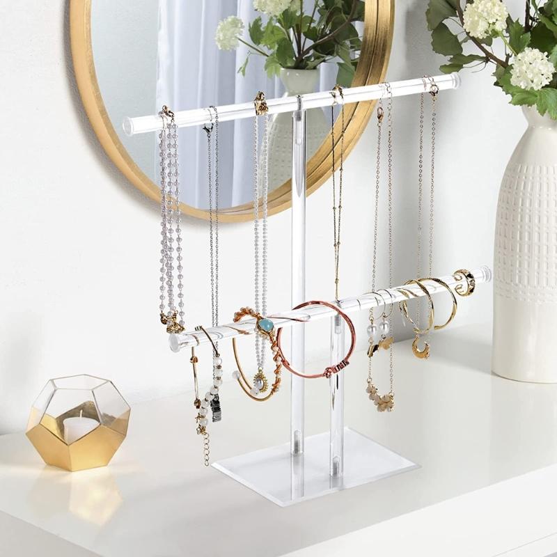 Acrylic Hairband Display Stand 2-Tier T-bar Hair Hoop Headband Hanging-Jewelry Organizer for Necklaces Bracelet Earring