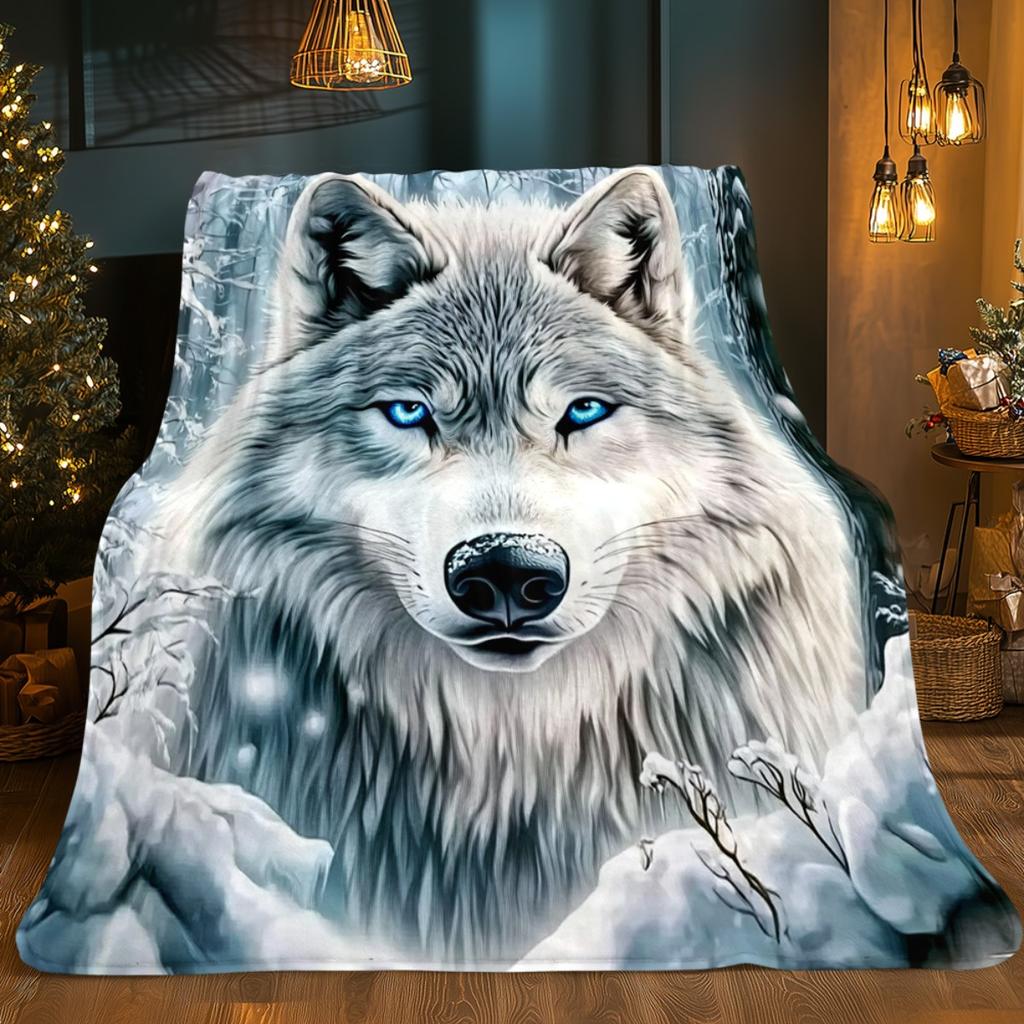 Lupo bianco dagli occhi azzurri foresta invernale coperta arte animale selvatico coperta morbida e accogliente coperta da lancio per decorazione domestica regalo per amanti della natura