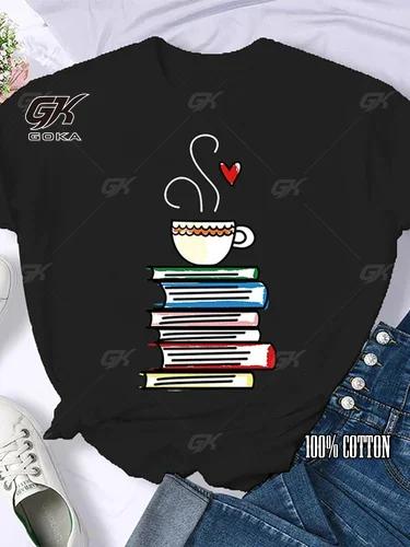Coffee Books Brown Books American Retro Cotton T Shirt Woman Round Neck Half Sleeve T-shirts Printed Tops Woman Oversized Tees