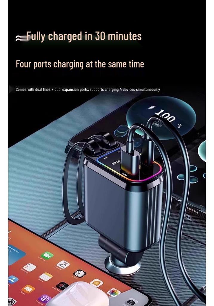 Retractable 4-in-1 Car Charger with RGB Ambient Light and Starry Sky Ceiling.