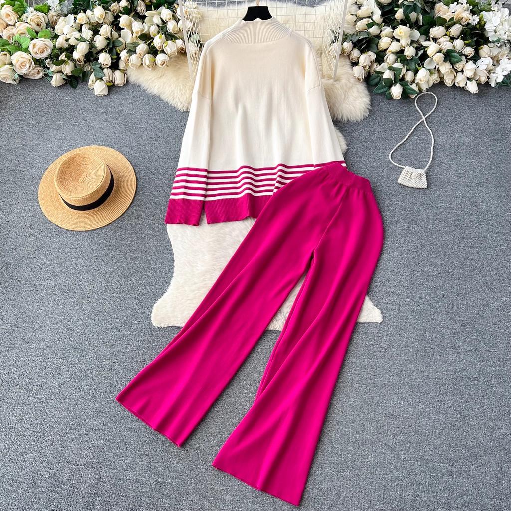 Toamnă Iarnă Femei Grătul cu mâneci lungi Pulover tricotat în dungi Topuri + Pantaloni largi Costume Set două piese Tinute femei