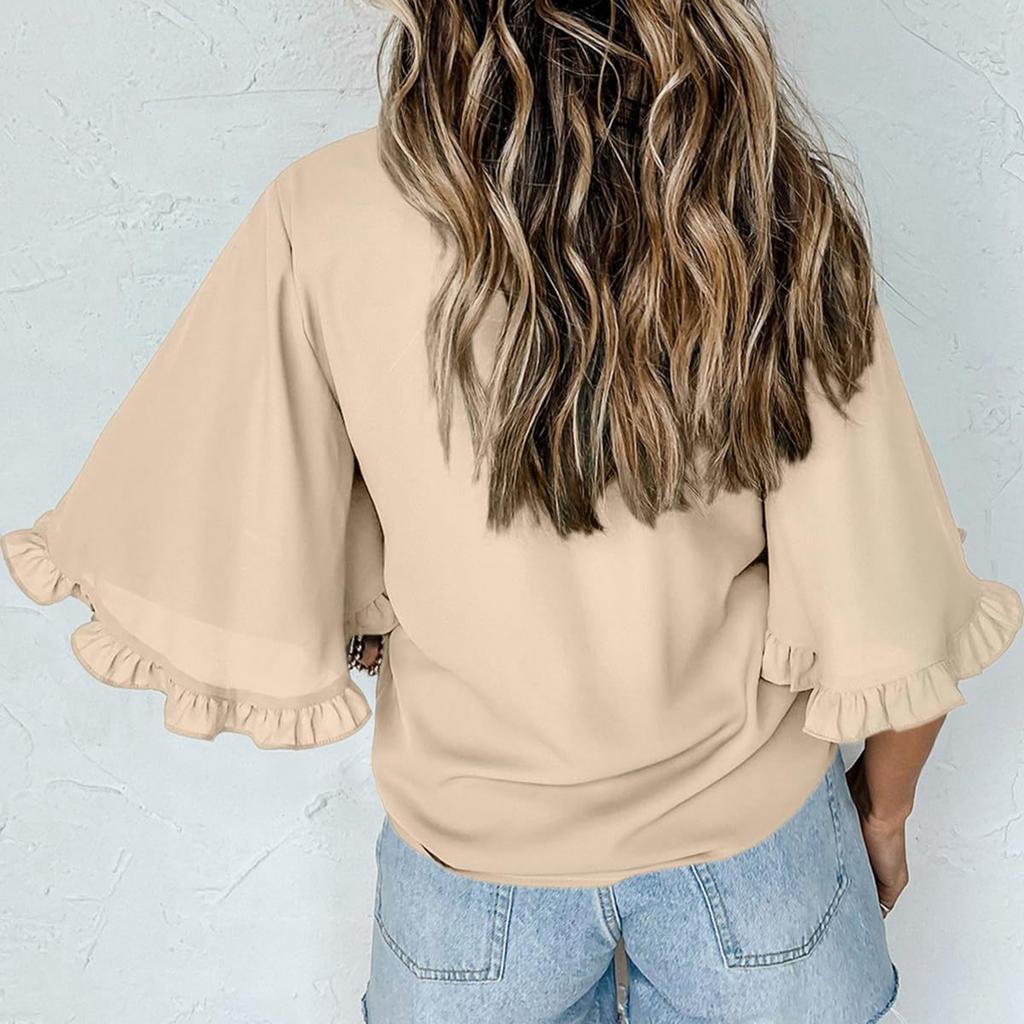 Women's Fashion Round Neck Blouse Half Sleeve Shirt with Ruffle Trim Casual Top for Daily Wear Lightweight and Comfortable Design