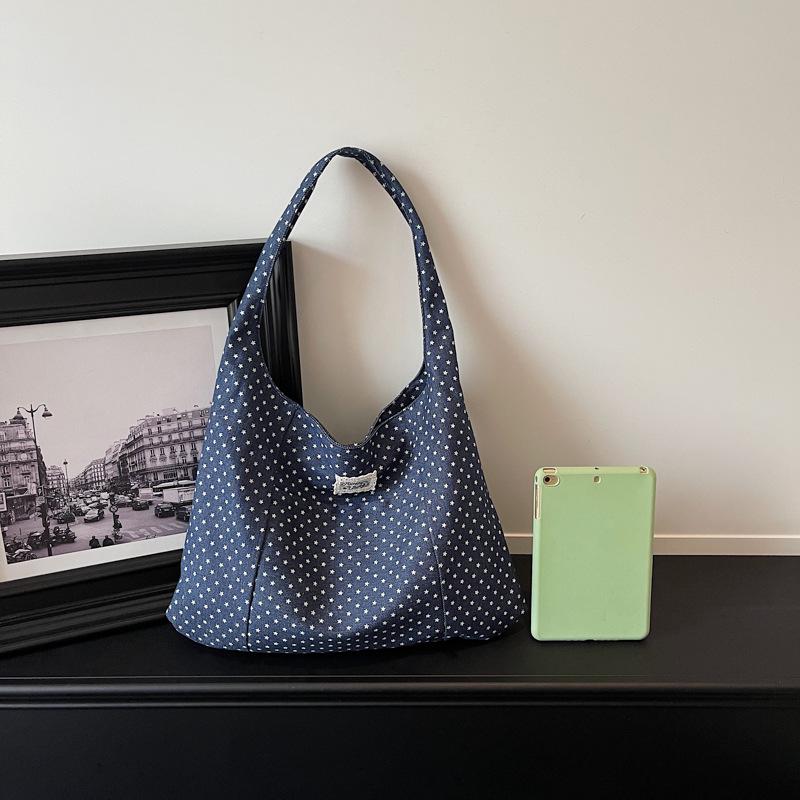 Women's Large Capacity Polka Dot Canvas Tote - Korean Style Commute and School Shoulder Bag