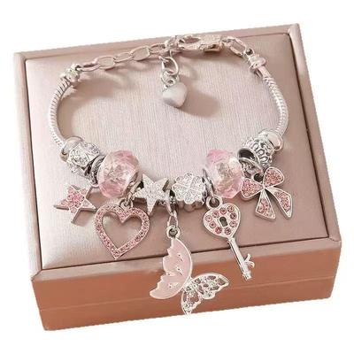 DIY Beaded Bracelet with Butterfly, Heart, Key Pendants & Rhinestones