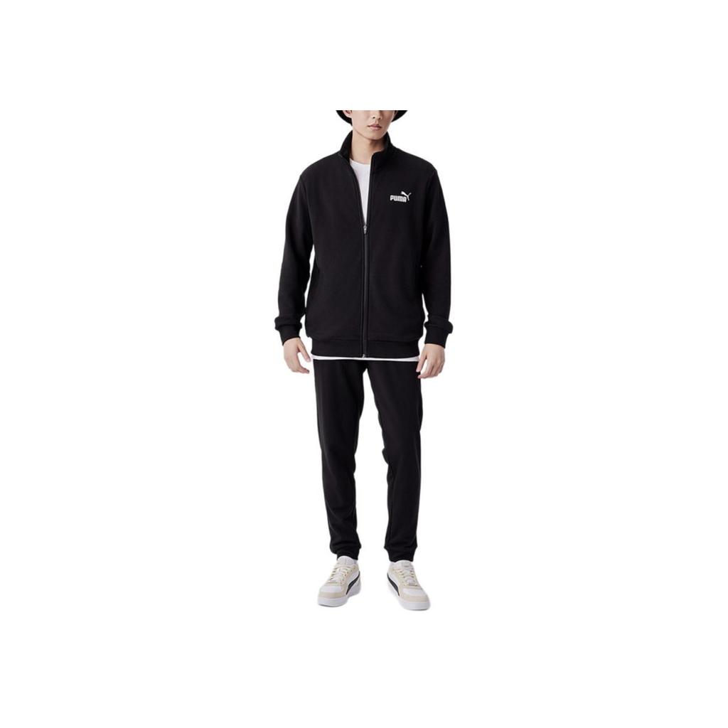 Puma Clean Sweat Suit Logo Print Stand Collar Zip Top Jogger Pants Casual Sports Set Men sweat suit Black 681268-01