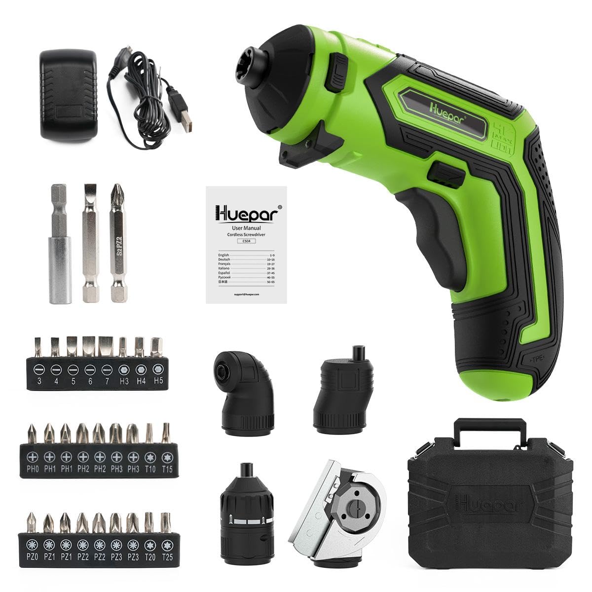 

Huepar Cordless Electric Screwdriver Lightweight LED Adjustable Torque 4 28 and Home CS04 Set, Rechargeable, (372g), Forward/Reverse Switch, Light, зелений