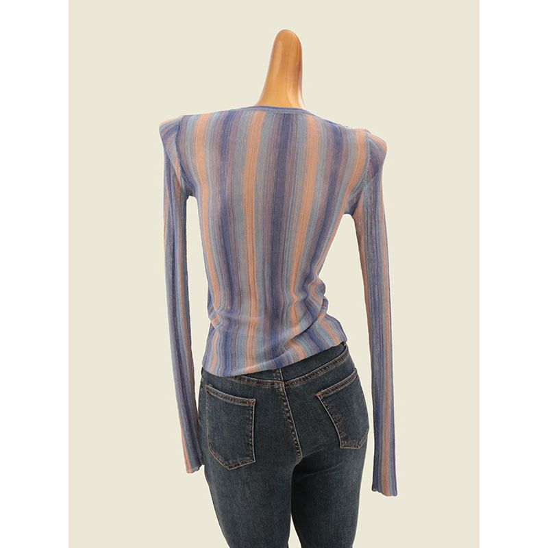 Vertical Stripes Gradient V Neck Tops Summer Thin Silm Single Row Button Women's Knitted Sweater Breathable Sun Protection Shirt