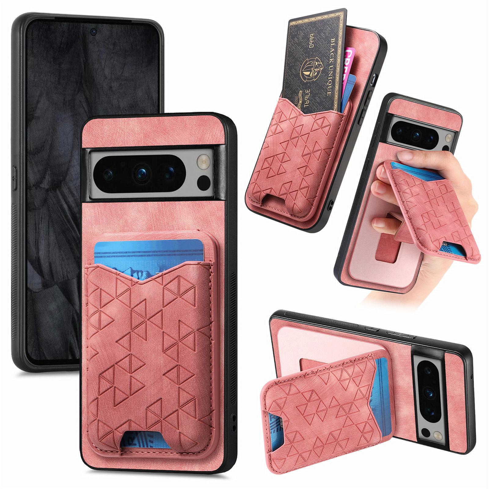 

For Google Pixel 8 Pro Case Imprinted Pattern Card Holder Kickstand Leather Back Cover Pink
