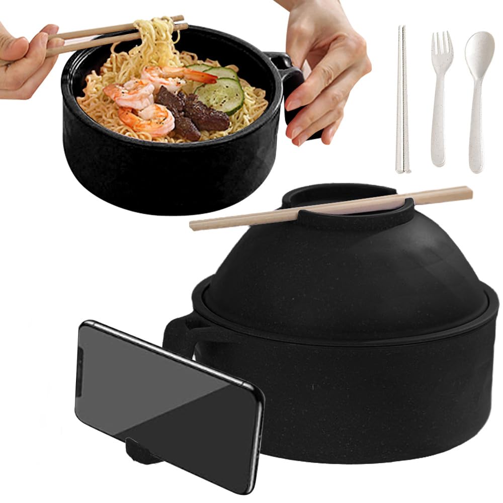 

Microwave ramen bowl, new ramen bowl set, includes lid, chopsticks, spoon and fork, ramen pot with lid and handle, portable noodle bowl. чорний