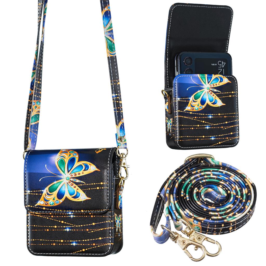 Portafoglio con Slot per Carte a Tracolla Custodia in Pelle per Samsung Galaxy Z Flip 7 FE 6 5 4 5G Cordino Lungo Fantasia Carina Farfalla Cover per Telefono