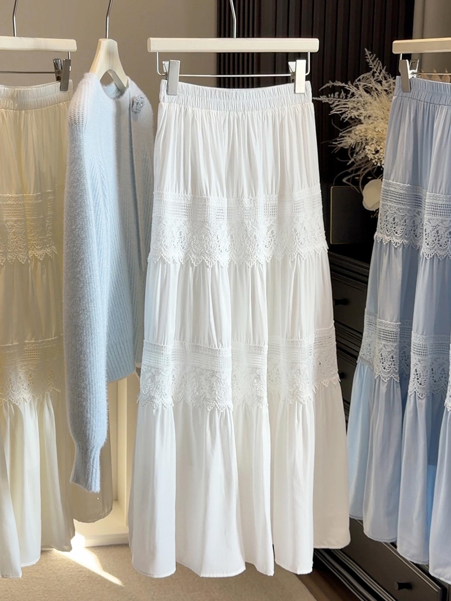 

French Chic Hollow Lace Splicing High-Waisted A-Line Skirt - Women s Early Spring Casual Slim Fit One Size