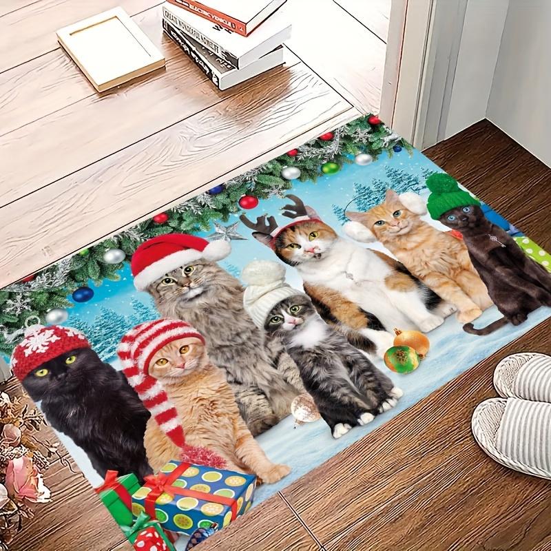 1pc 3D Christmas Cat Rug Non-Slip Machine Washable Carpet Floor Mat Doormat for Living Room Kitchen Bathroom Festive Home Decor