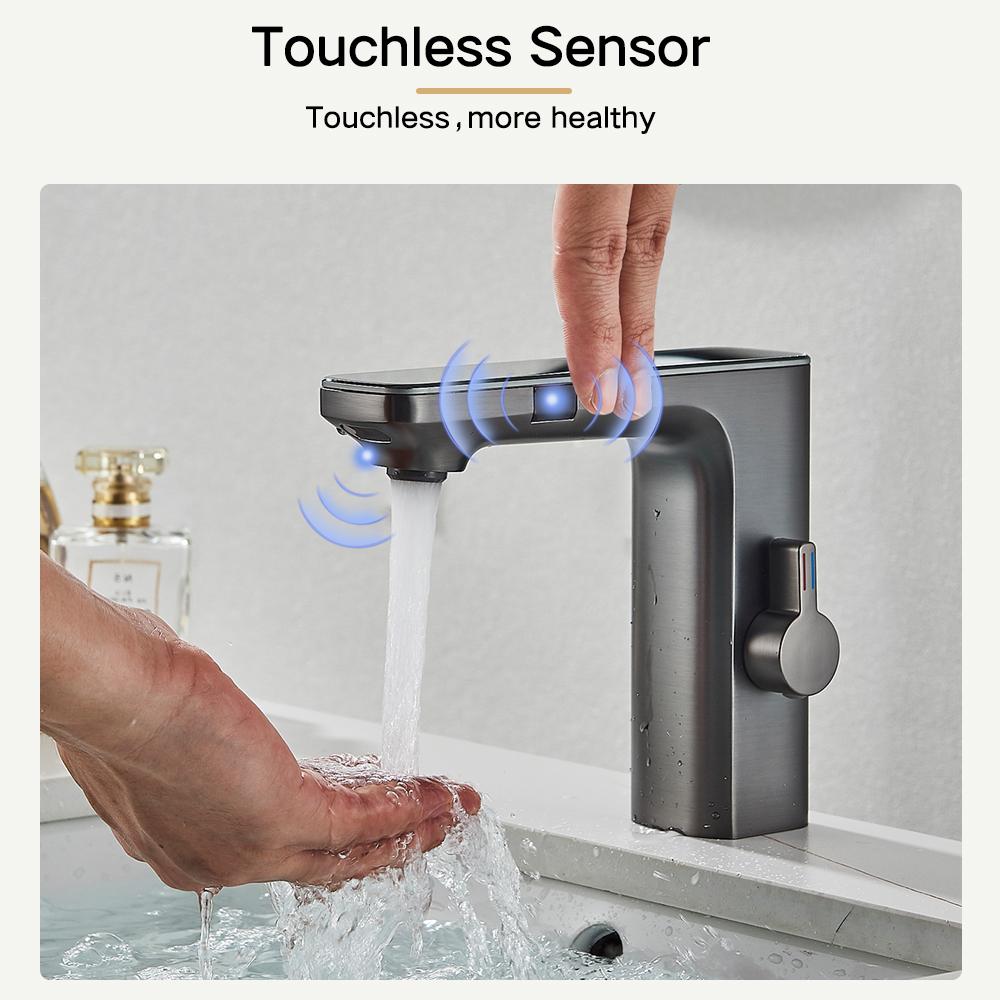 Touchless Sensor Basin Faucet Smart Digital Display Bathroom Sink Faucets Grey Brass Sense Hot Cold Water Mixer Tap Crane
