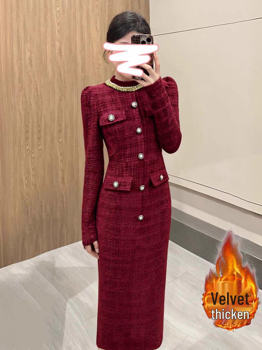 Laiyi Tiao Women s Red Long Dress - Plus Velvet, Elegant Fragrance Style, Goddess-Inspired, High-End Quality Small красный