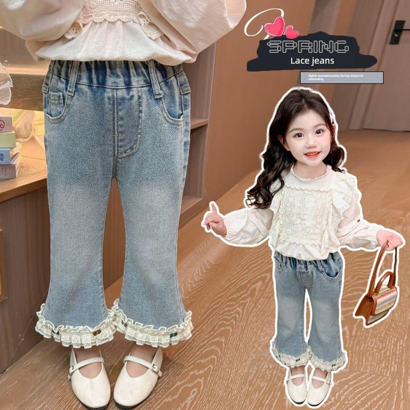 Girls' Lace Flared Pants 2025 Spring and Autumn New Stylish Children's Elastic Loose Versatile Baby Girl Bow Pants