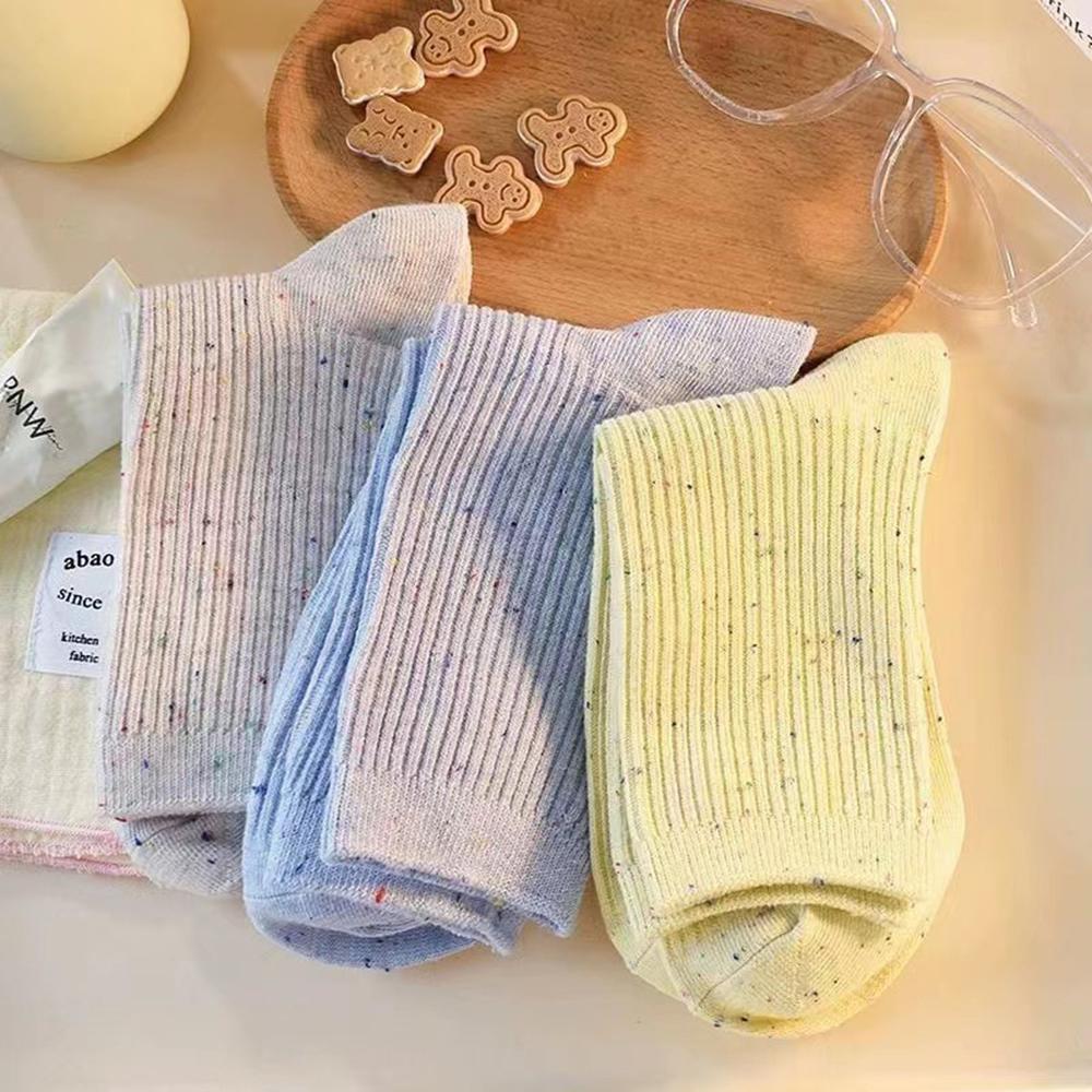 6 Pairs Women Light Colored Mid Tube Socks Fashionable Thin Stripes Colorful Dots Soft Comfortable Sweat Absorbing Casual Socks