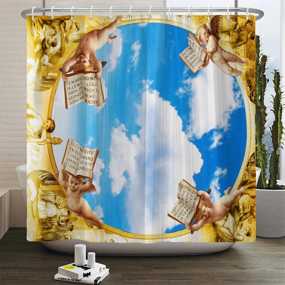 Tende da Doccia Angeli Stile Retro Europeo Tenda da Bagno Tessuto Impermeabile Decorazione Vasca da Bagno 180*180cm Tenda da Bagno Con Ganci