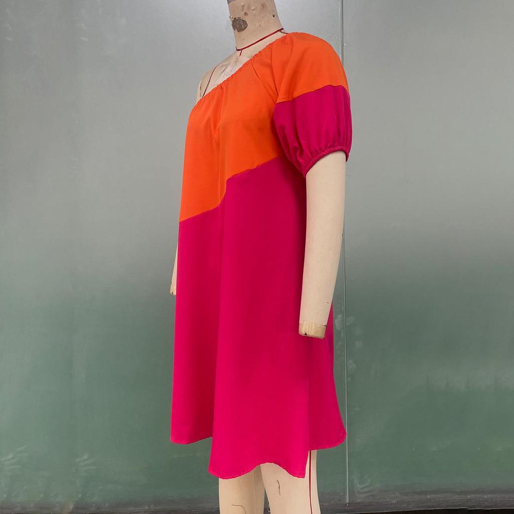 Spring Summer Women Seaside Vacation Loose Short Single Sleeve Dresses High Waist Color Block Slanted Shoulder Mid Length Dress S-XL
