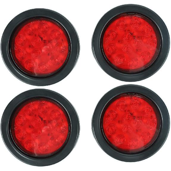 4Pcs 4" Round Red LED Trailer Tail Lights, Grommet Plug 12 LED Waterproof Stop Turn Signal Stop Brake Trailer Lights For Tractor Truck Bus Lorries