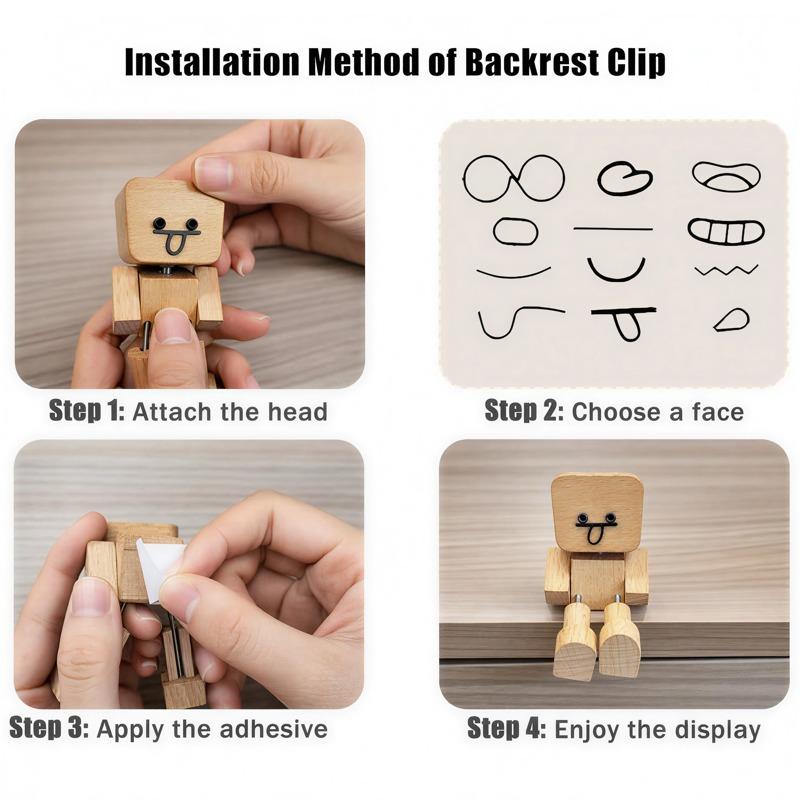 Wackelnde Füße Holzpuppe mit Federbeinen & 12 Stk. Magnetische Ausdrücke, DIY Kreative Ornamente, zur Dekoration des Armaturenbretts