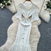 Sommer Damer Elegant V-hals Enkeltspent Strikket Futteral Genser Lang Maxi Fishtail Kjoler